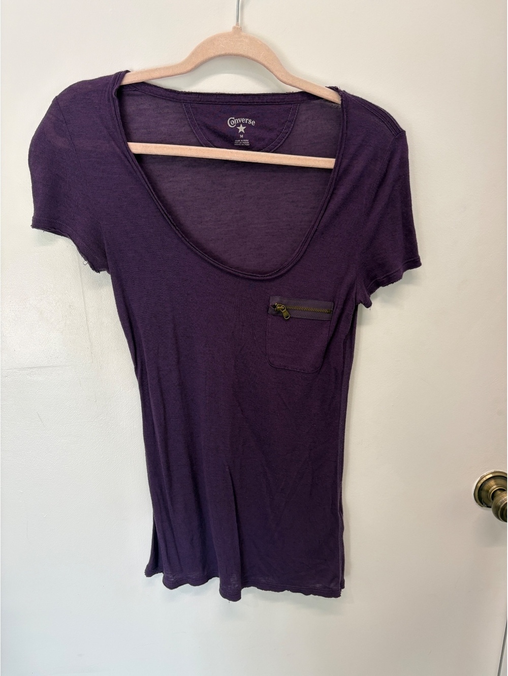 Converse Purple Scoop Neck T-Shirt with Zipper Pocket, Size M